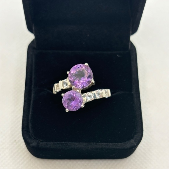 Cocktail Ring .925 Sterling Silver 2 Amethyst & 6 White Topaz gems, SZ 9, 9.4g - Picture 1 of 5